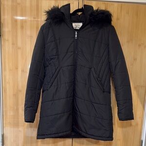 Black Puffer Jacket with Faux Fur Hood